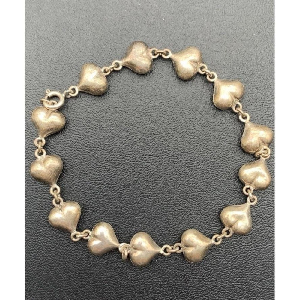 Vintage 925 Sterling Silver Dainty Puffy Heart Link Bracelet